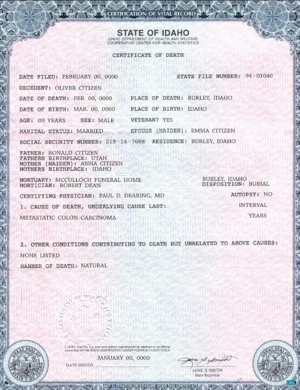 Download USA state Idaho death certificate template in PSD format Photoshop template